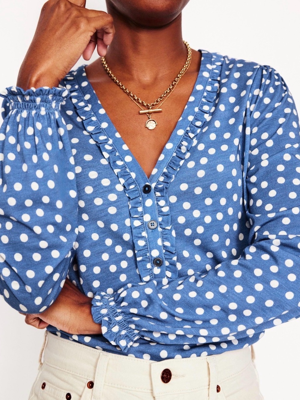 Boden Polka Dot Ruffle V-Neck Long Sleeve Top - Blue